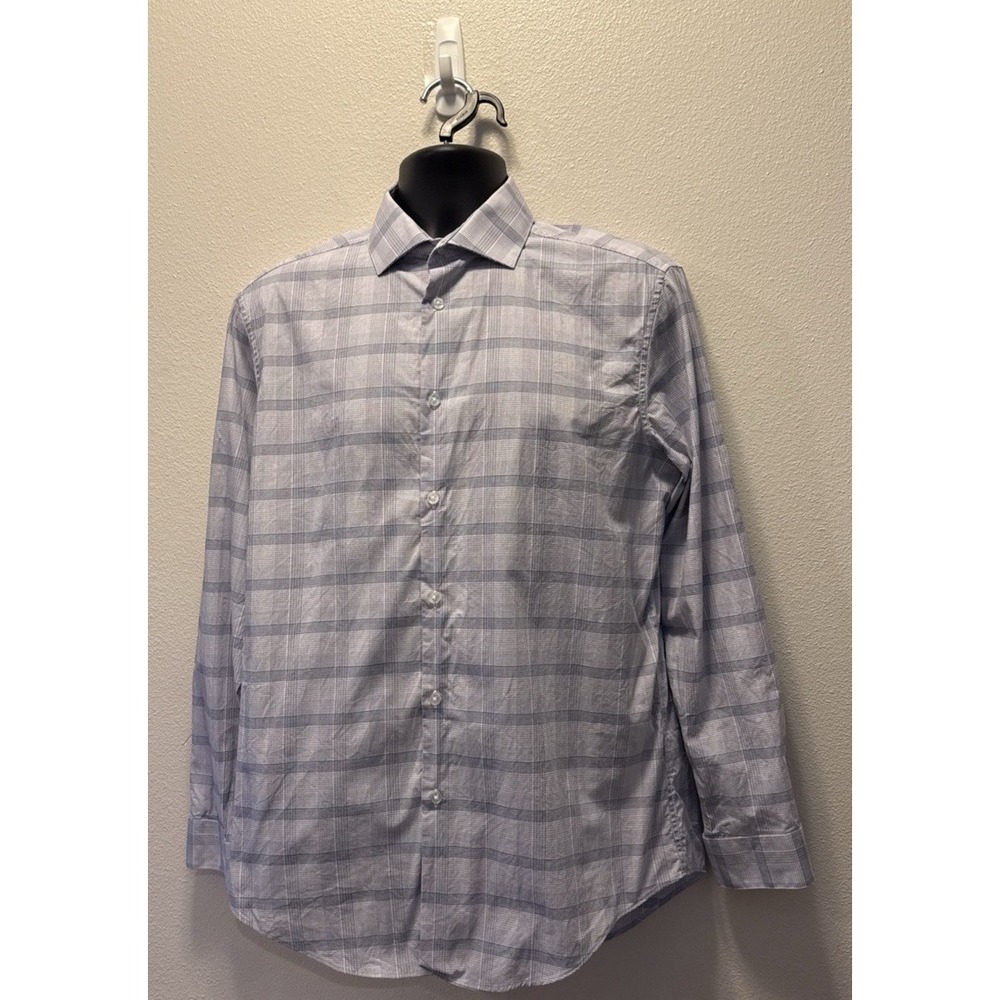 Calvin Klein Dress‎ Shirt Slim Fit Stretch Size Large White/Gray Check